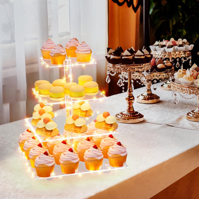 weddingwish حامل كعك من الأكريليك بأربعة طوابق، حامل برج كعك مع إضاءة، حامل طوابق كعك لـ 50 كعكة، حوامل كعك شفافة لحفلات الزفاف، أعياد الميلاد، الحفلات، التخرج - Image 3